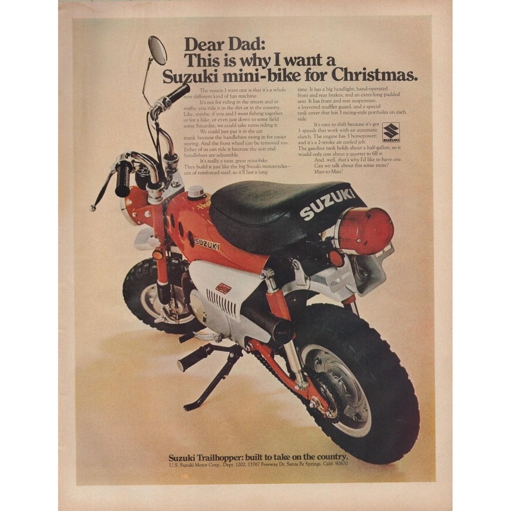 Suzuki Mini Bike Trail Hopper 3 Speed Motorcycle Christmas Gift Print Ad 1970